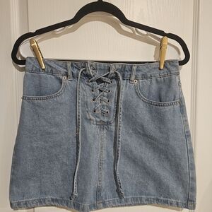 Forever 21 Y2K Light Blue Denim Lace-Up Mini Skirt With Tie Front